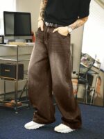 Men's Brown Washed Loose Flared Jeans - Image 5